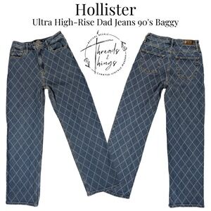 Hollister Ultra High Rise Dad Jeans Women 27 Blue Denim Bleach Diamond Baggy 90s